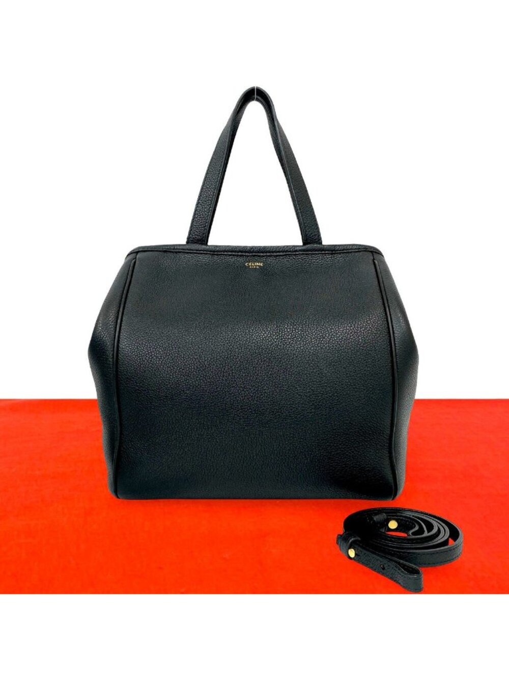 Celine Small Fold Cabas Logo Leather 2-Way Shoulder Bag Tote Black